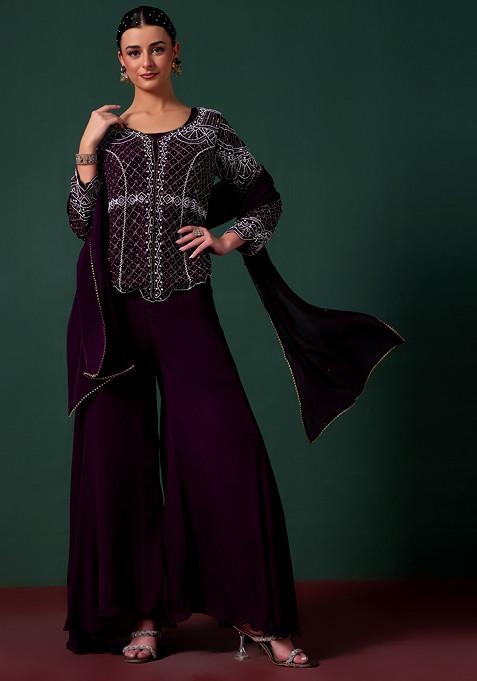 Maroon Sharara And Blouse Set With Embroidered Jacket And Dupatta