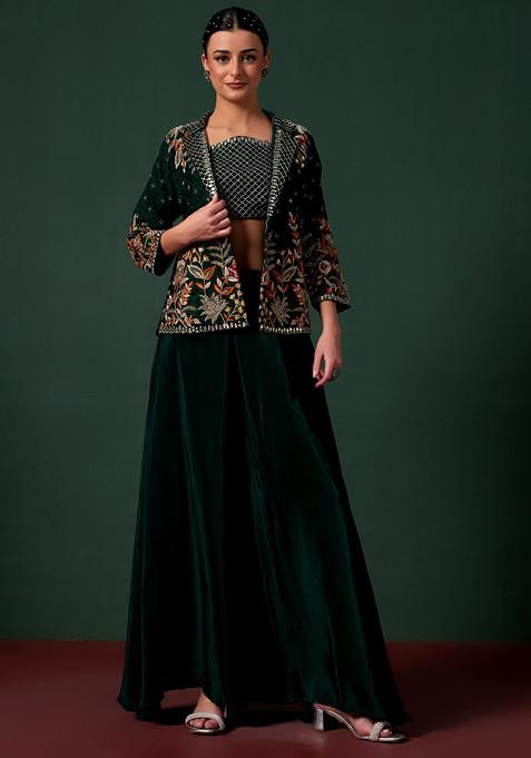 Green Sharara Set With Embroidered Jacket And Blouse