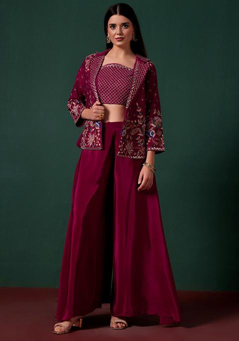 Maroon Sharara Set With Embroidered Jacket And Blouse