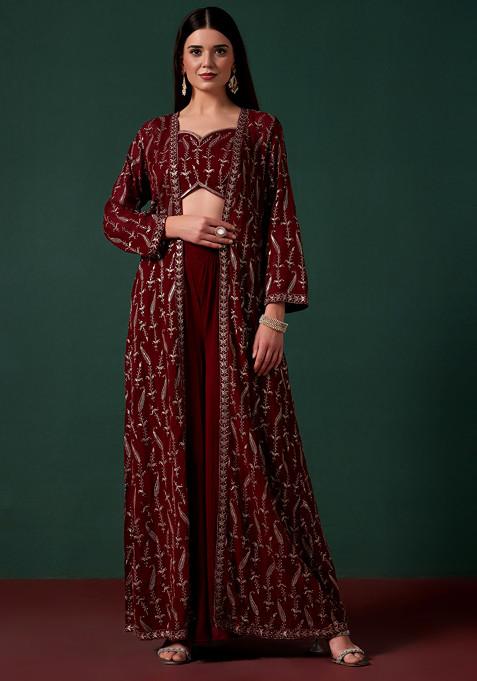 Maroon Sharara Set With Embroidered Jacket And Blouse