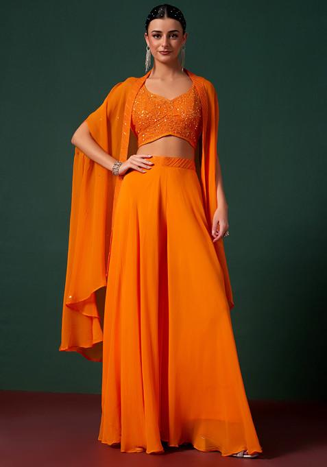 Orange Sharara Set With Embellished Blouse And Jacket