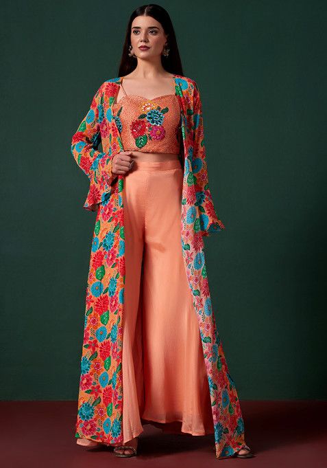 Peach Sharara Set With Embellished Blouse And Printed Jacket