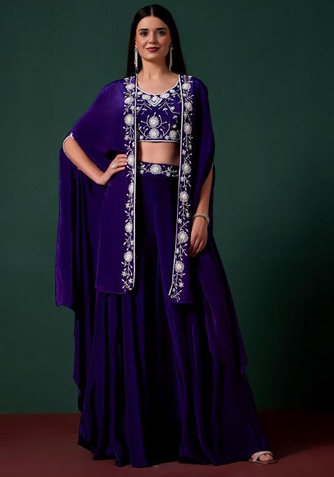 Purple Sharara Set With Embellished Blouse And Jacket