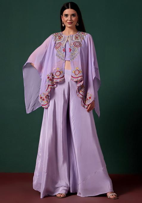 Purple Sharara Set With Embroidered Blouse And Jacket