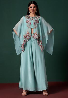 Green Sharara Set With Embroidered Blouse And Jacket