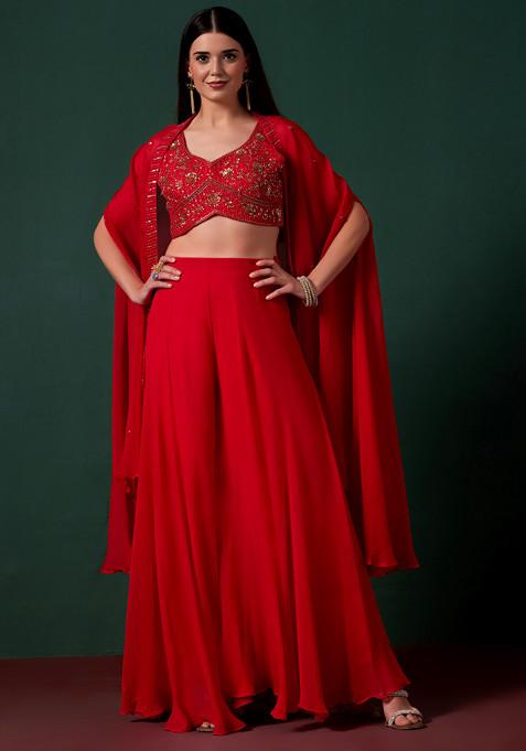 Red Sharara Set With Embellished Blouse And Jacket