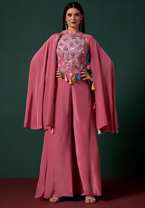 Pink Sharara Set With Embellished Blouse And Jacket