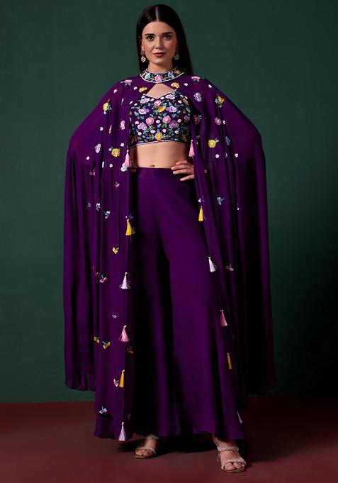 Purple Sharara Set With Embroidered Blouse And Jacket