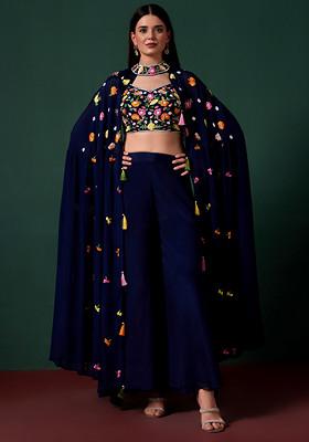 Blue Sharara Set With Embroidered Blouse And Jacket