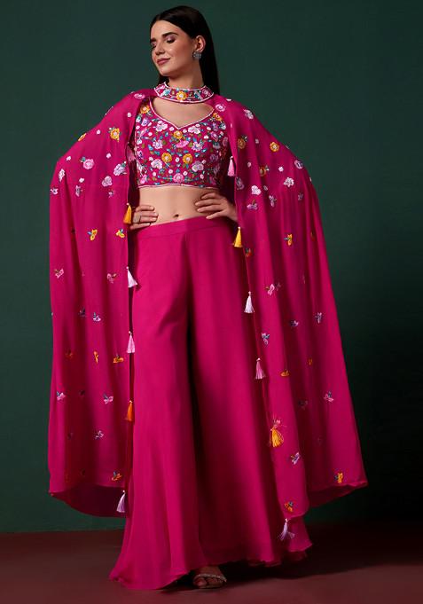 Pink Sharara Set With Embroidered Blouse And Jacket