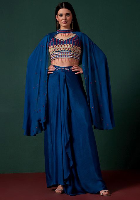 Blue Skirt Set With Embellished Blouse And Jacket