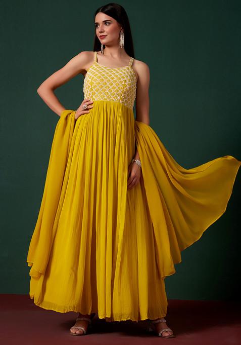 Yellow Embellished Anarkali Kurta With Dupatta