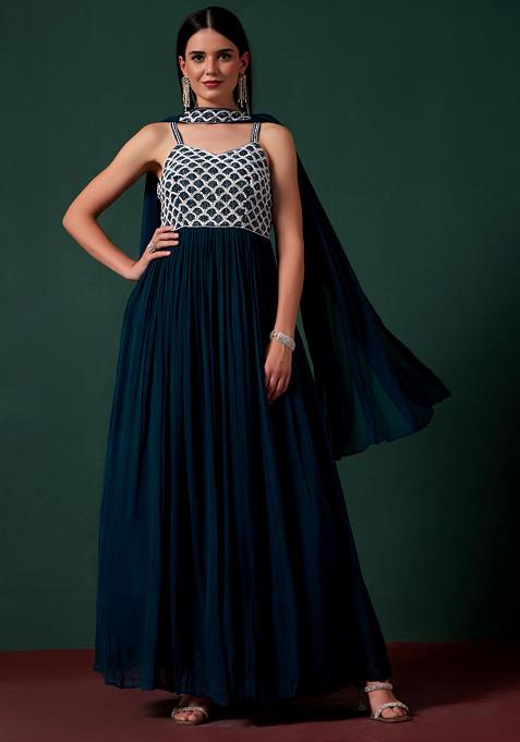 Blue Embellished Anarkali Kurta With Dupatta