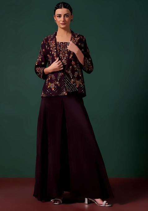 Maroon Sharara Set With Embroidered Blouse And Blazer