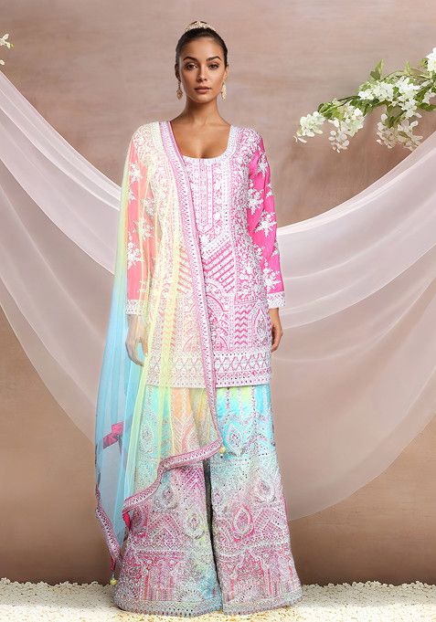 Pink Embroidered Sharara Set With Kurta And Dupatta