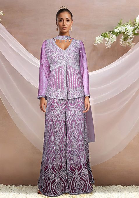 Purple Embroidered Sharara Set With Kurta And Dupatta