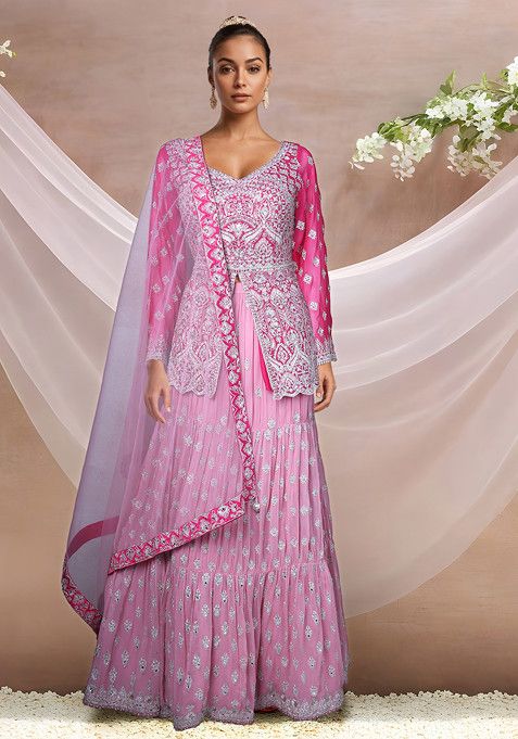 Pink Embroidered Sharara Set With Kurta And Dupatta