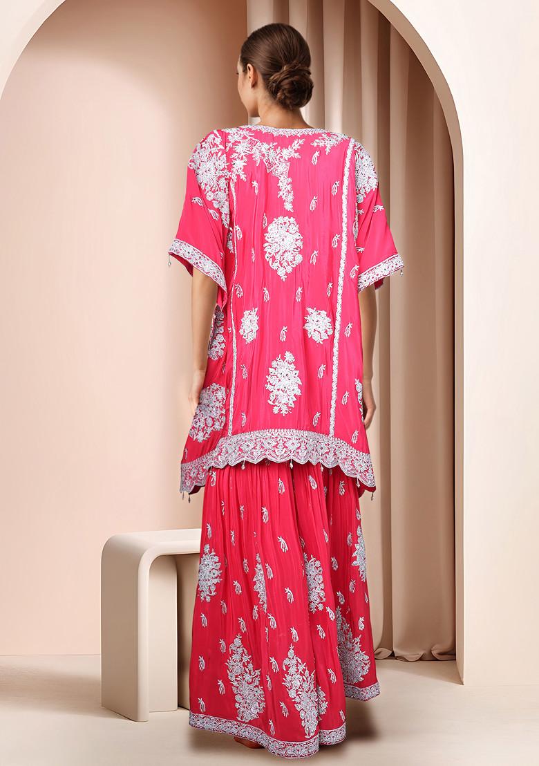 Pink Embroidered Sharara Set With Kaftan