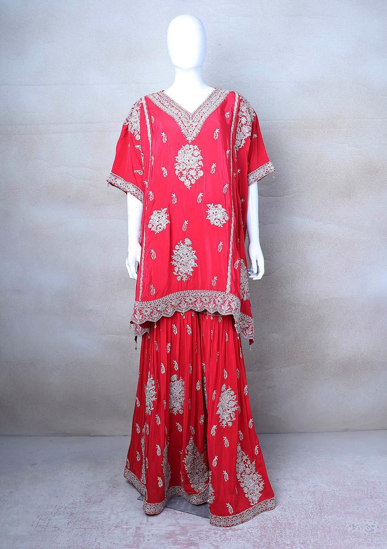 Pink Embroidered Sharara Set With Kaftan