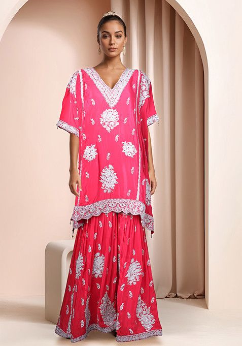 Pink Embroidered Sharara Set With Kaftan