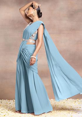 Sky Blue Draped Palazzo Set With Sequin Hand Embroidered Blouse And Belt