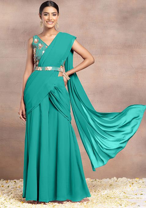 Sea Green Draped Palazzo Set With Sequin Hand Embroidered Blouse And Belt