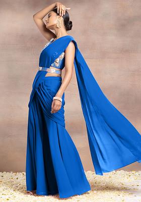 Blue Draped Palazzo Set With Sequin Bead Hand Embroidered Blouse And Belt
