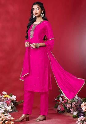 Fuchsia Pink Hand Embroidered Kurta Set With Pants And Dupatta