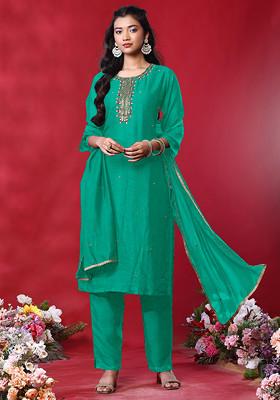 Bottle Green Hand Embroidered Kurta Set With Pants And Dupatta