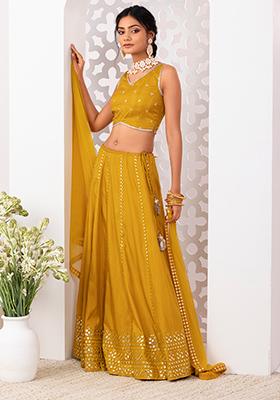 Mustard Mirror And Gota Embroidered Lehenga Set With Blouse And Dupatta