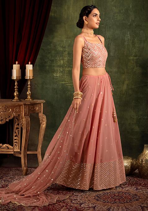 Peach Zari And Sequin Embroidered Lehenga Set With Strappy Blouse And Dupatta 