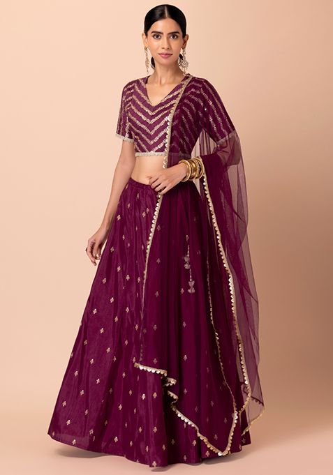 Buy Women Wine Sequin Embroidered Lehenga Set With Blouse And Dupatta ...