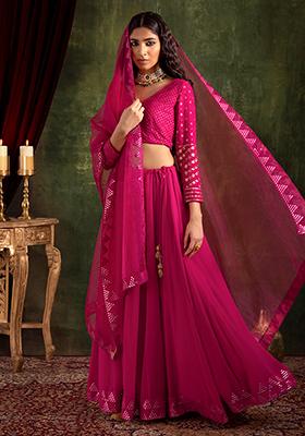 Hot Pink Mirror Work Lehenga Set With Sequinned Blouse And Dupatta