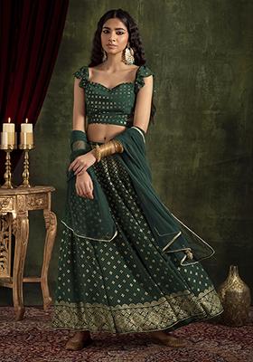 Emerald Foil Work Lehenga Set With Cut Out Blouse And Dupatta