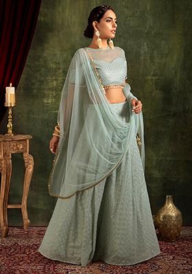 Sea Blue Sequin Embroidered Lehenga Set With Matching Blouse And Dupatta  