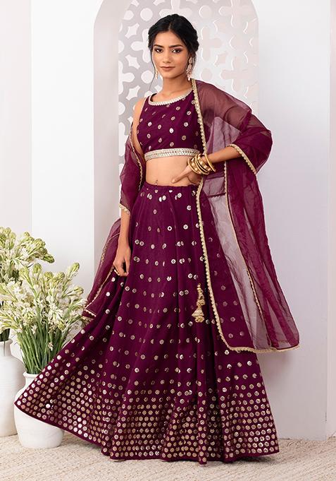 Wine Sequin Embroidered Lehenga Set With Blouse And Dupatta 