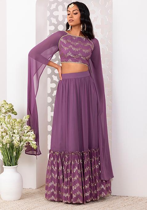 Mauve Sequin Embroidered Tiered Lehenga Set With Exaggerated Sleeve Blouse