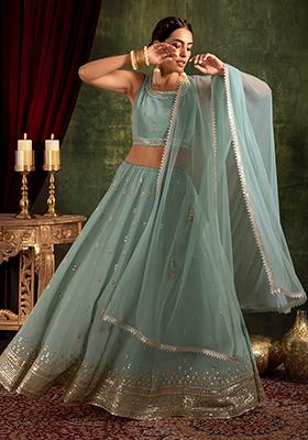 Sage Green Sequin And Mirror Embroidered Lehenga Set With Blouse And Dupatta 