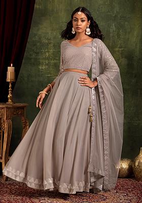 Grey Mirror Work Lehenga Set With Sequinned Blouse And Dupatta
