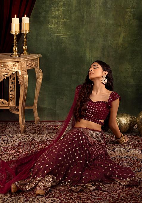 Maroon Foil Work Lehenga Set With Cut Out Blouse And Dupatta