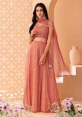 Peach Sequin And Mirror Embroidered Lehenga Set With Blouse And Dupatta