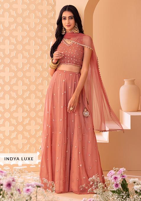 Peach Sequin And Mirror Embroidered Lehenga Set With Blouse And Dupatta