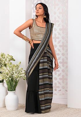 Black and Gold Striped Pre-Stitched Saree Set With Sequinned Blouse