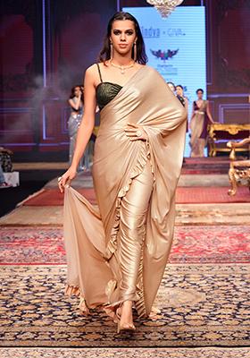 Gold Lycra Frill Pre-Stitched Saree Set With Contrasting Blouse