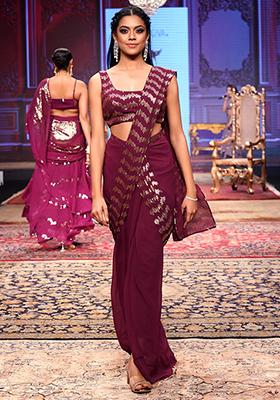 Sangria Sequin Embroidered Pre-Stitched Saree Set With Strappy Blouse