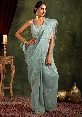 Sea Blue Khadi Foil Print Pre-Stitched Saree Set With Blouse 