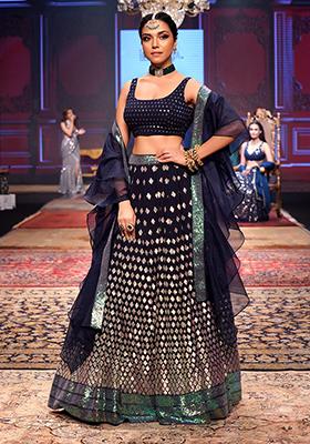 Navy Sequin Embroidered Lehenga Set With Blouse And Ruffle Dupatta