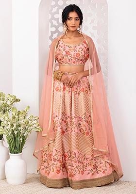 Peach Floral Print Sequin Embroidered Lehenga Set With Backless Blouse And Dupatta        