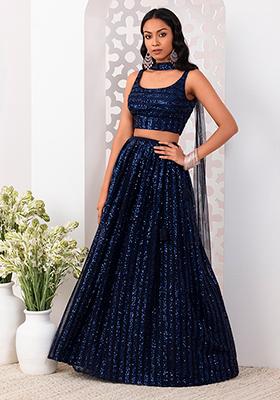 Navy Sequinned Lehenga Set With Strappy Blouse And Dupatta