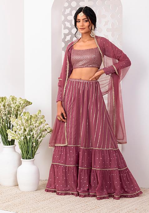 Pink Sequin Embroidered Tiered Lehenga Set With Off Shoulder Blouse And Dupatta